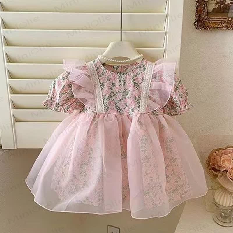 Baby Kleinkind -Mädchen- Kleid mit Rosa Blume und fliegenden Ärmeln - Rosa - 3-5J - image 3