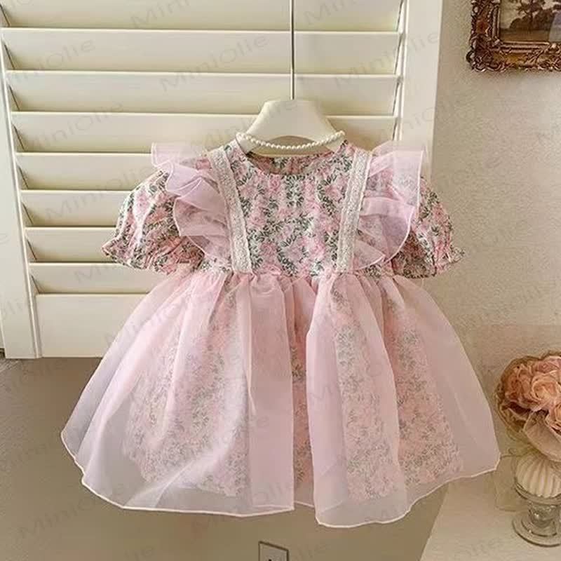 Baby Kleinkind -Mädchen- Kleid mit Rosa Blume und fliegenden Ärmeln - Rosa - 3-5J - image 3