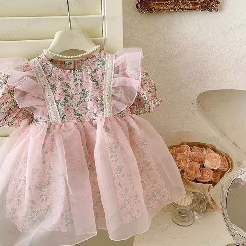 Baby Kleinkind -Mädchen- Kleid mit Rosa Blume und fliegenden Ärmeln - image 4
