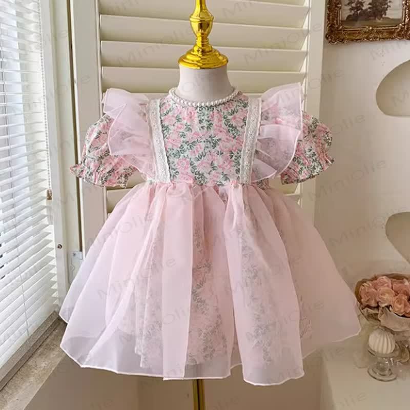 Baby Kleinkind -Mädchen- Kleid mit Rosa Blume und fliegenden Ärmeln - image 6