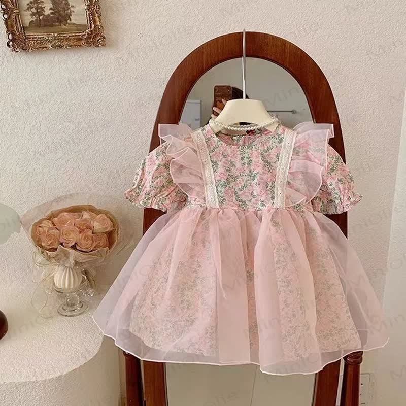 Baby Kleinkind -Mädchen- Kleid mit Rosa Blume und fliegenden Ärmeln - image 1
