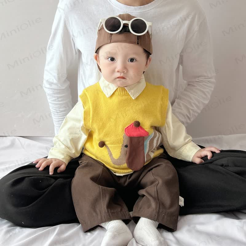 Stricken Tanktop mit Hundemotiv für Baby und Kleinkind (Jungen) / Beige Spitze/ Braune Hose - image 2