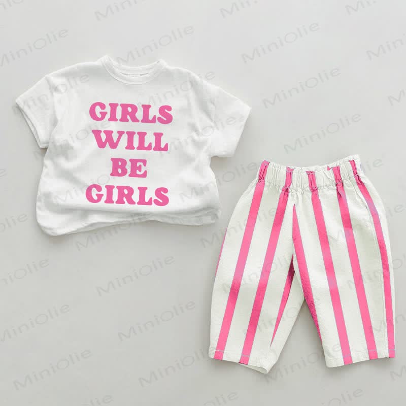 GIRLS WILL BE GIRLS – Baby , vertikal Streifen 2-teiliges Set - Weiß & Rosa - 2-3J - image 1
