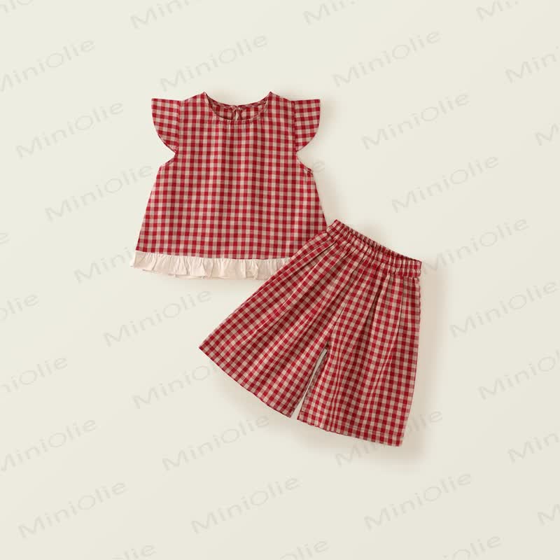 2-teiliges Set für Kind und Mädchen mit Plaid und fliegenden Ärmeln - Rot - 10Y - image 1