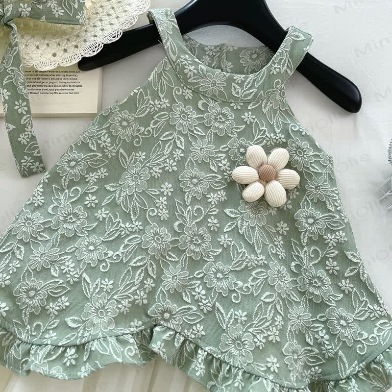 Grünes ärmelloses Kleid mit Blume für Kind und Mädchen - image 4