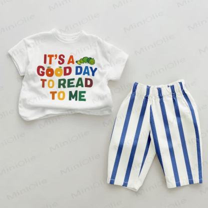 IT'S A GOOD DAY TO READ TO ME Baby , vertikal Streifen 2-teiliges Set - Weiß & Blau - 2-3J - image 1