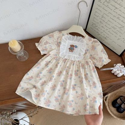 Kleinkind Kleid Schleifen Liebe Bär Lace - Beige - 8Y - image 1