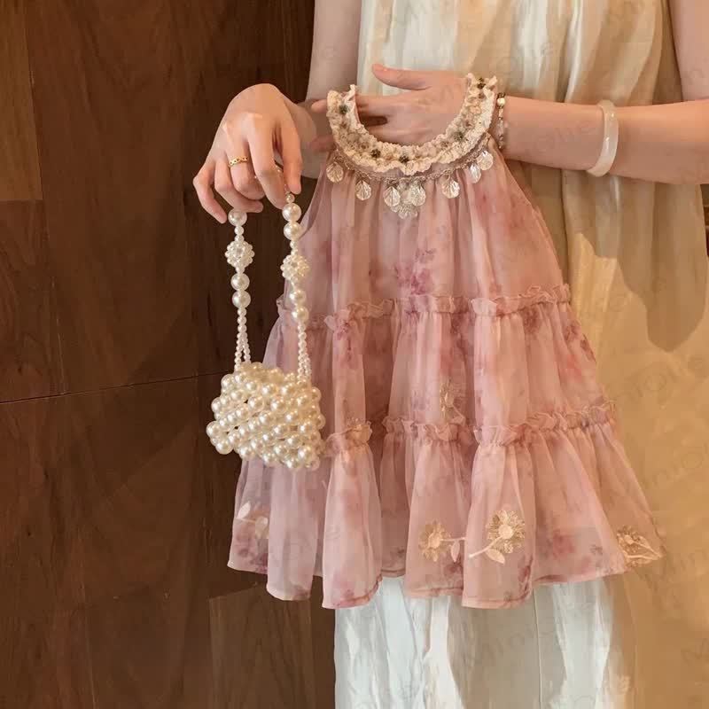 Rosa Kleid mit Blume und Perlenstickerei für Kind und Mädchen - Rosa - 10Y - image 1