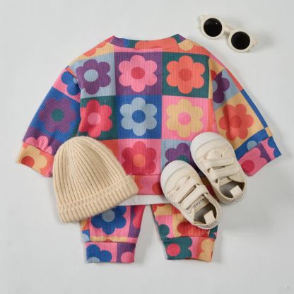 Baby Waffel Sweatshirt mit Bunt Plaid und Blume , 2-teiliges Set in Rosa - image 2