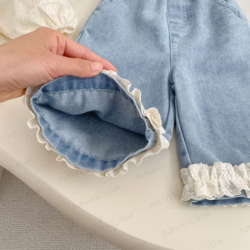 Baby Hose - Mädchen , Einfarbig weißes Lace / Blau Denim - image 13