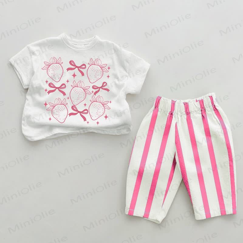 Baby Schleife Erdbeere Rosa Streifen 2-teiliges Set - Weiß & Rosa - 2-3J - image 1