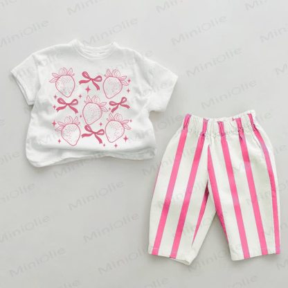 Baby Schleife Erdbeere Rosa Streifen 2-teiliges Set - Weiß & Rosa - 2-3J - image 1