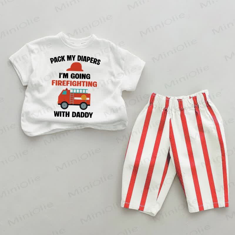 PACK MY DIAPERS I'M GOING FIREFIGHTING WITH DADDY! Baby Set , rot-vertikal Streifen, 2-teilig - Weiß & Rot - 2-3J - image 1