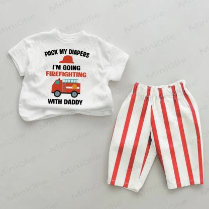 PACK MY DIAPERS I'M GOING FIREFIGHTING WITH DADDY! Baby Set , rot-vertikal Streifen, 2-teilig - Weiß & Rot - 2-3J - image 1