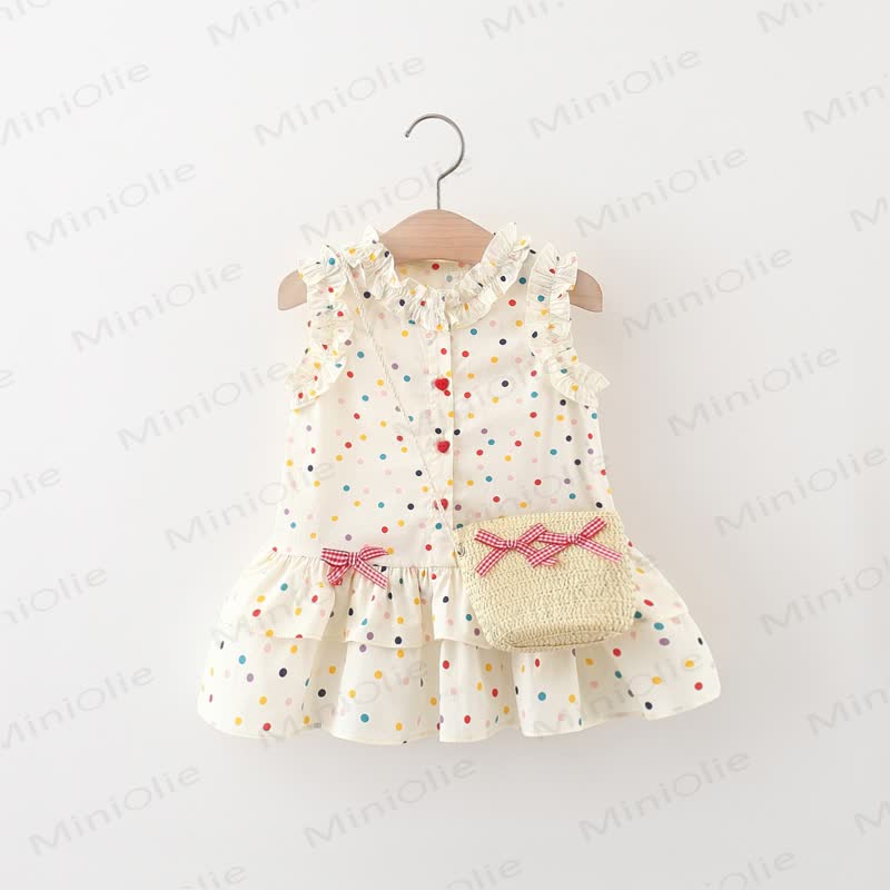 Baby Kleinkind Mädchen-Kleid mit Schleife , Blau kariert , mit Blume / Beige Punkt  - Beige - 5-7J - image 2