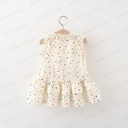Baby Kleinkind Mädchen-Kleid mit Schleife , Blau kariert , mit Blume / Beige Punkt  - image 3