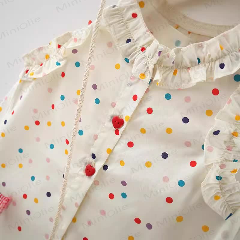 Baby Kleinkind Mädchen-Kleid mit Schleife , Blau kariert , mit Blume / Beige Punkt  - image 6