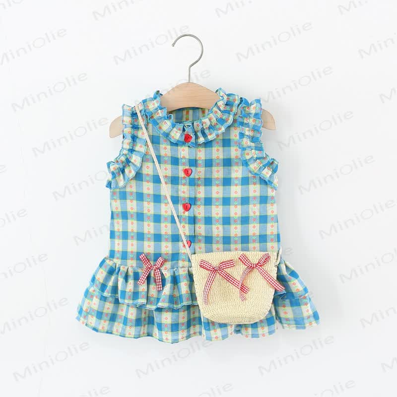 Baby Kleinkind Mädchen-Kleid mit Schleife , Blau kariert , mit Blume / Beige Punkt  - Blau - 5-7J - image 1