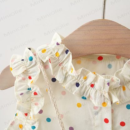 Baby Kleinkind Mädchen-Kleid mit Schleife , Blau kariert , mit Blume / Beige Punkt  - image 4