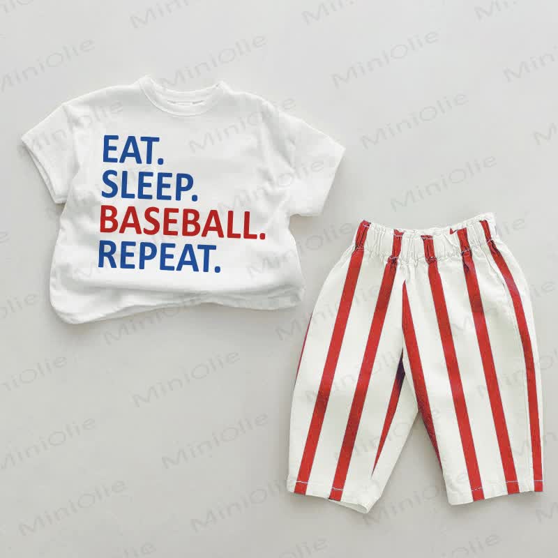  EAT. SCHLAFEN. BASEBALL. WIEDERHOLEN. Baby , vertikal Streifen 2-teiliges Set - Weiß & Rot - 2-3J - image 1