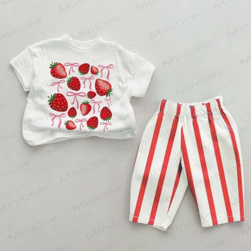 Baby Erdbeere & Bownot Rot Vertikal Streifen 2-teiliges Set - Weiß & Rot - 2-3J - image 1