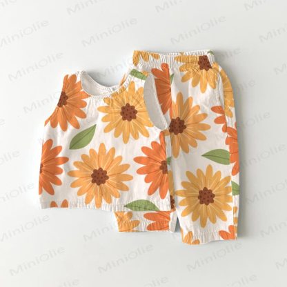 Ärmelloses 2-teiliges Set mit Sonnenblumenmuster für Baby und Kleinkind - Weiß - 3-5J - image 1