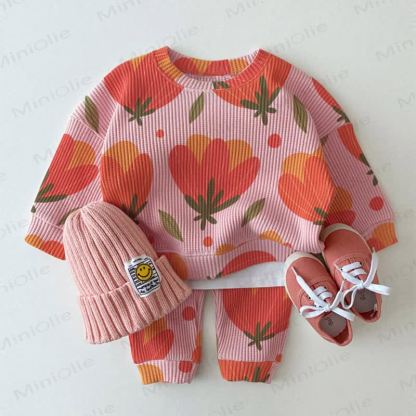 Baby Kleinkind - Waffel Sweatshirt mit Blume , 2-teiliges Set - Rosa - 3-5J - image 1