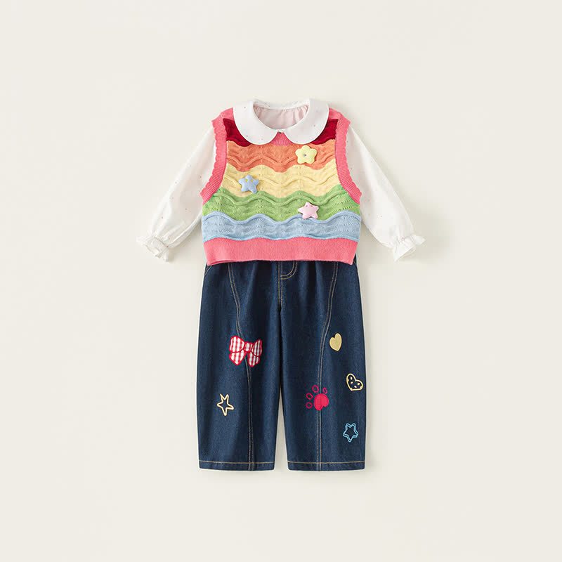 Sternenweste für Kleinkindmädchen/Weißes Hemd/ Blau Jeans - image 1