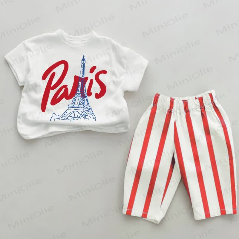 PARIS Baby Eiffelturm Rot Vertikal Streifen 2-teiliges Set - Weiß & Rot - 2-3J - image 1