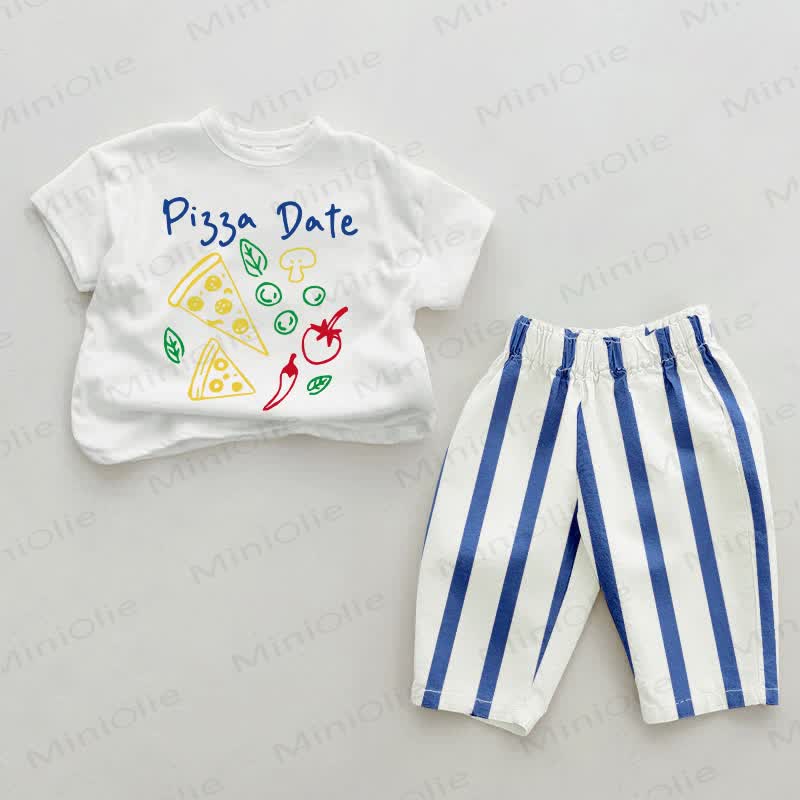 PIZZA DATE Baby , vertikal Streifen 2-teiliges Set - Weiß & Blau - 2-3J - image 1