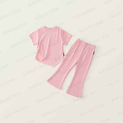 Zweiteiliges Set aus Stricken Kurzarm- Spitze und ausgestellter Hose für Kleinkind - Rosa - 10Y - image 1