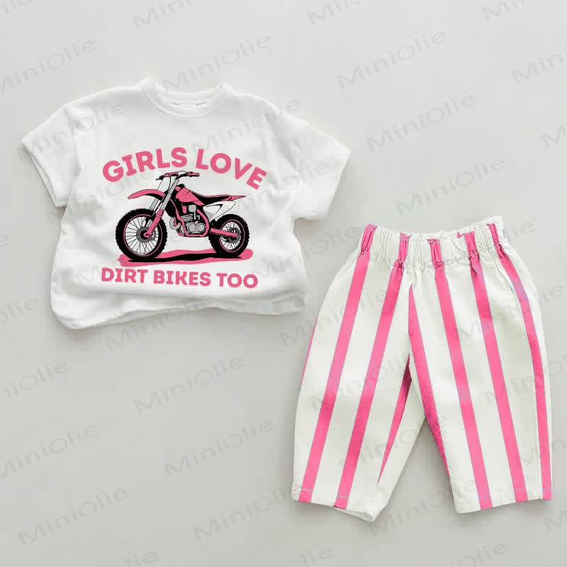 Auch GIRLS LOVE DIRT BIKES TOO – Baby Sardinen , vertikal Streifen 2-teiliges Set - Weiß & Rosa - 2-3J - image 1