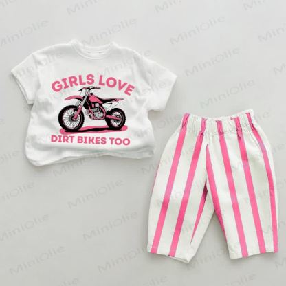 Auch GIRLS LOVE DIRT BIKES TOO – Baby Sardinen , vertikal Streifen 2-teiliges Set - Weiß & Rosa - 2-3J - image 1