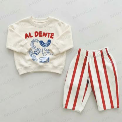 AL DENTE Baby Kleinkind Rot Streifen Hose 2-teiliges Set - Beige & Rot - 2-3J - image 1