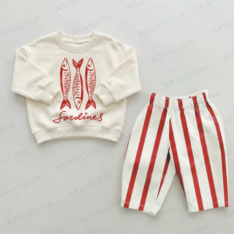 Baby Kleinkind Set mit rot-weiß Streifen Hose und Sardinenmuster, 2-teilig - Beige & Rot - 2-3J - image 1