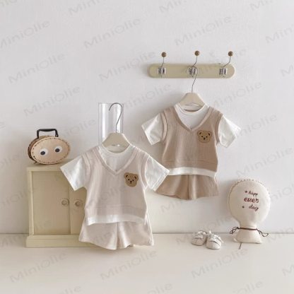 Baby Kleinkind Fake 2-teiliges T-Stück und Shorts Waffel Set - image 3