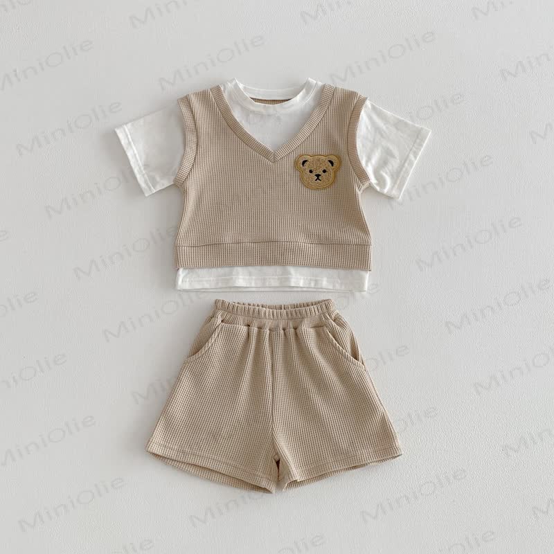 Baby Kleinkind Fake 2-teiliges T-Stück und Shorts Waffel Set - Khaki - 3-4J - image 11