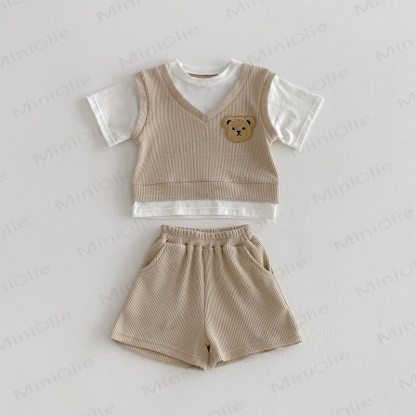 Baby Kleinkind Fake 2-teiliges T-Stück und Shorts Waffel Set - Khaki - 3-4J - image 11