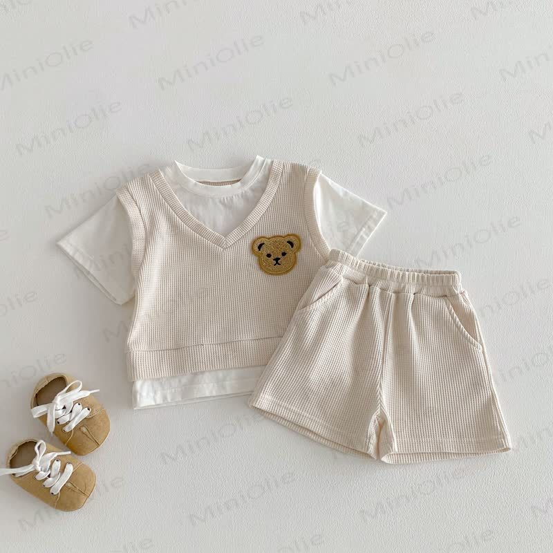 Baby Kleinkind Fake 2-teiliges T-Stück und Shorts Waffel Set - Beige - 3-4J - image 5