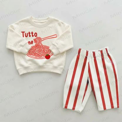 TUTTO BENE Baby Kleinkind Pasta Rot Streifen Hose 2-teiliges Set - Beige & Rot - 2-3J - image 1