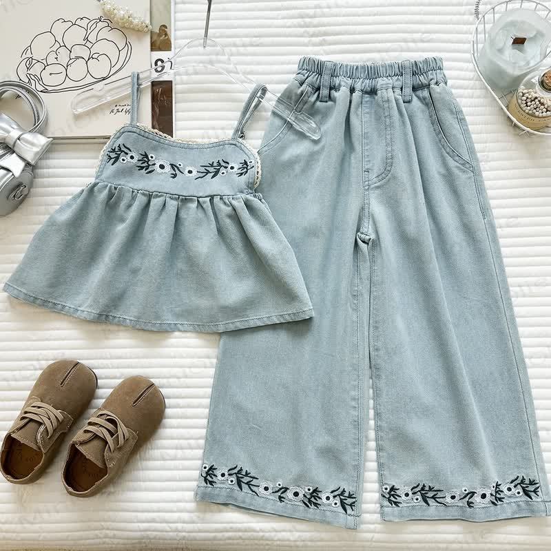 Kleinkind - Denim aus Gestickt Tanktop und Hose - Blau - 8-9J - image 1