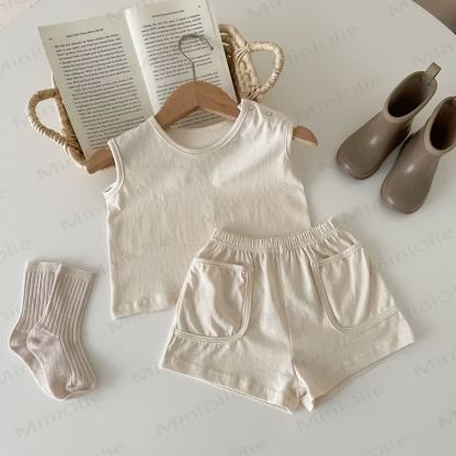 Baby Set aus Einfarbig Tanktop und Shorts mit Tasche - Beige - 2-3J - image 6
