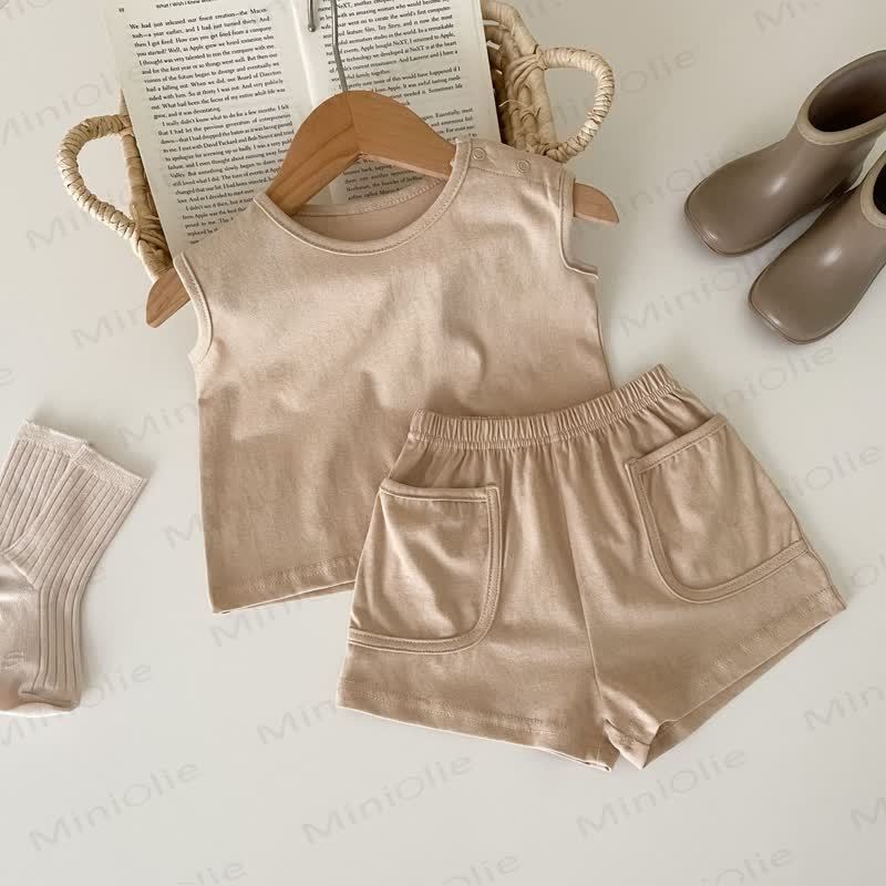 Baby Set aus Einfarbig Tanktop und Shorts mit Tasche - Khaki - 2-3J - image 7