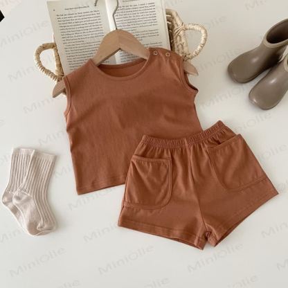 Baby Set aus Einfarbig Tanktop und Shorts mit Tasche - Braun - 2-3J - image 8