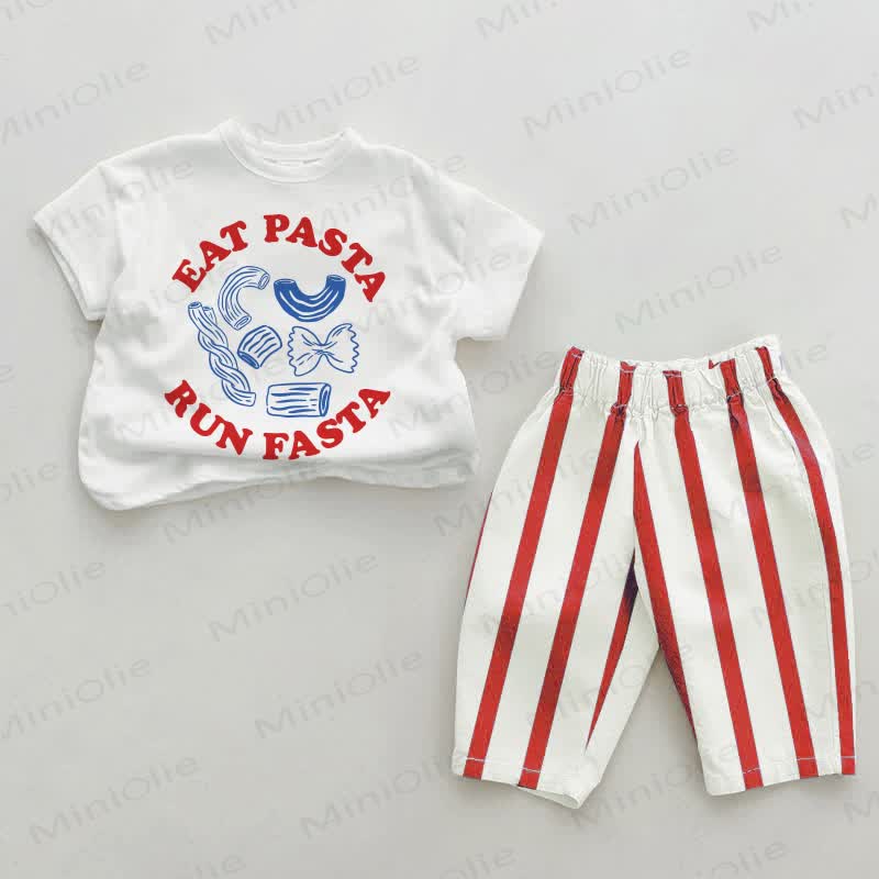 EAT PASTA RUN FASTA Baby Red Vertical Streifen 2-piece Set - Weiß & Rot - 2-3J - image 1