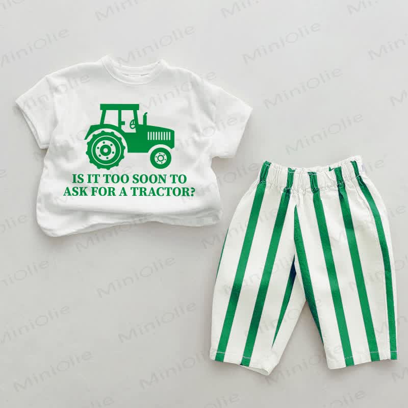IS IT TOO SOON TO ASK FOR A TRACTOR? Baby , vertikal Streifen 2-teiliges Set - Weiß & Grün - 2-3J - image 1