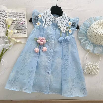 Kleid mit Blume, Lace , mit Kleinkind Hut - Blau - 8-9J - image 1