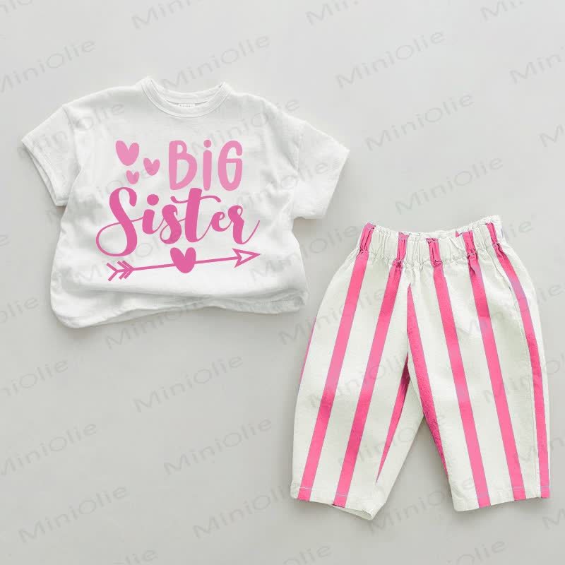 BIG SISTER Baby Herz Pfeil Rosa Gestreift 2-teiliges Set - Weiß & Rosa - 2-3J - image 1