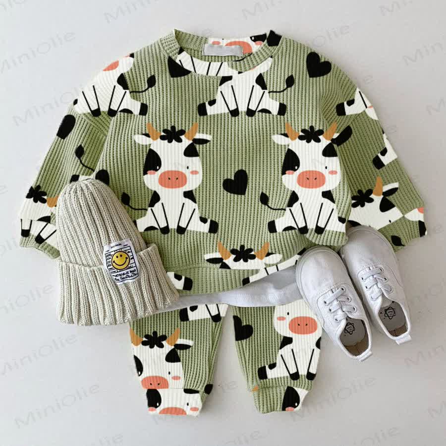Baby Waffel Niedliches Milchkuh- Sweatshirt 2-teiliges Set - Grün - 18-24M - image 1
