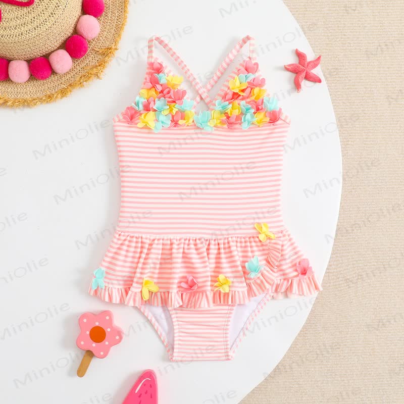 Baby Badeanzug mit Streifen und Blume - Rosa - 3-4J - image 1